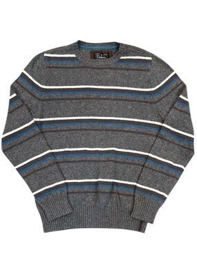 Vintage 90s Fossil Men’s Large Cotton Lambswool Blend Gray Blue Striped Sweater